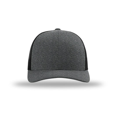 Richardson 115CH Low Pro Heather Trucker hat, Black Heather/Black, front view