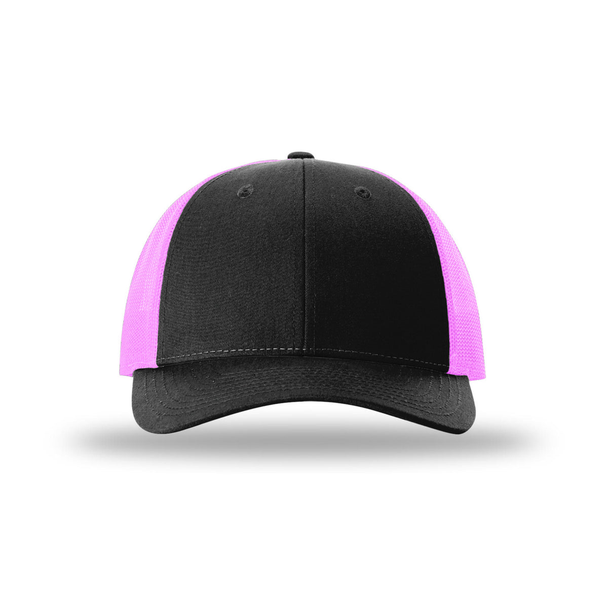 Richardson 115 Low Pro Trucker hat, Black/Neon Pink, front view