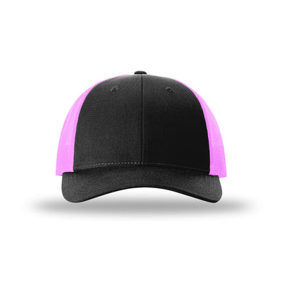 Richardson 115 Low Pro Trucker hat, Black/Neon Pink, front view