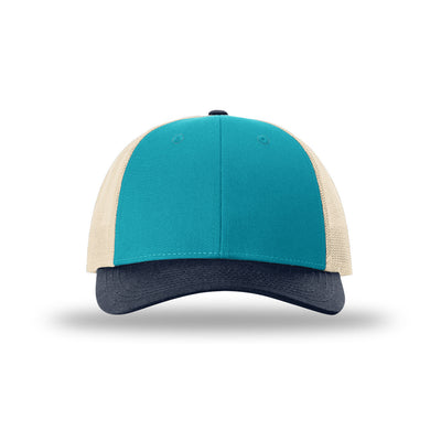 Richardson 115 Low Pro Trucker hat, Blue Teal/Birch/Navy, front view