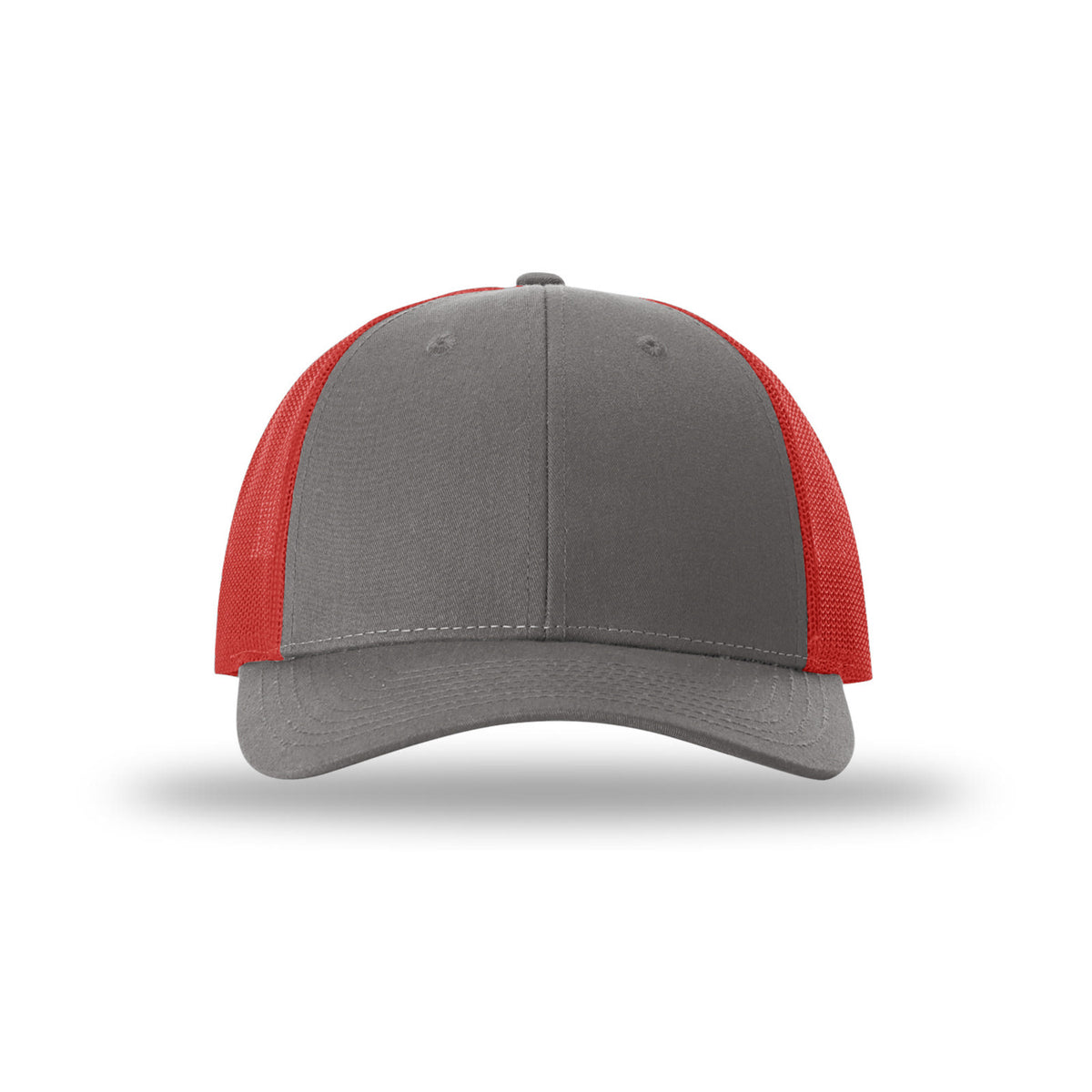 Richardson 115 Low Pro Trucker hat, Charcoal/Red, front view