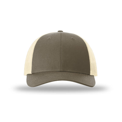 Richardson 115 Low Pro Trucker hat, Chocolate Chip/Birch, front view