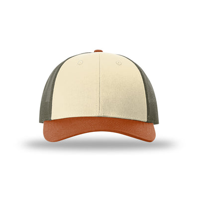 Richardson 115 Low Pro Trucker hat, Cream/Loden Green/Dark Orange, front view