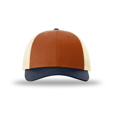 Richardson 115 Low Pro Trucker hat, Dark Orange/Birch/Patriot Blue, front view