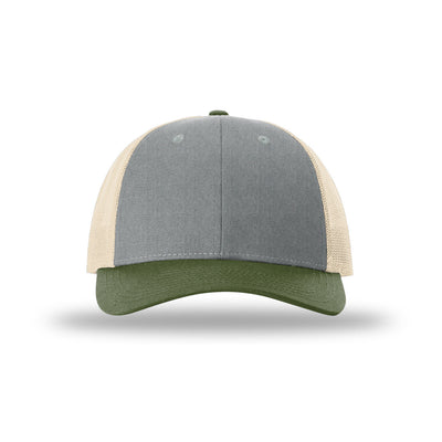 Richardson 115 Low Pro Trucker hat, Heather Grey/Birch/Army Olive, front view