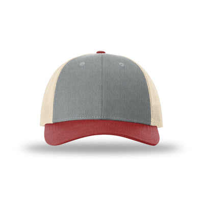Richardson 115 Low Pro Trucker hat, Heather Grey/Birch/Cardinal, front view