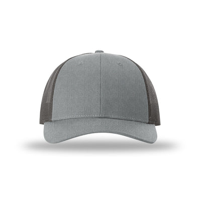 Richardson 115 Low Pro Trucker hat, Heather Grey/Dark Charcoal, front view
