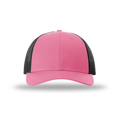 Richardson 115 Low Pro Trucker hat, Hot Pink/Black, front view