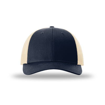 Richardson 115 Low Pro Trucker hat, Navy/Khaki, front view