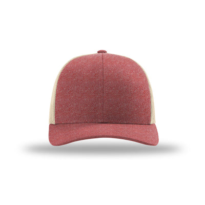 Richardson 115CH Low Pro Heather Trucker hat, Red Heather/Birch, front view