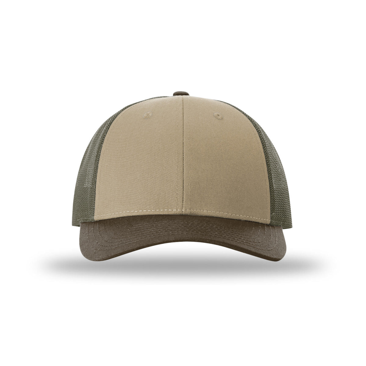Richardson 115 Low Pro Trucker hat, Tan/Loden/Brown, front view