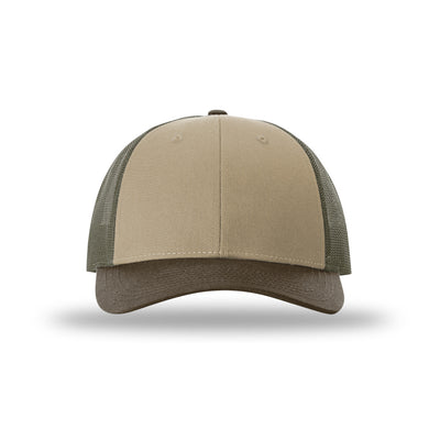 Richardson 115 Low Pro Trucker hat, Tan/Loden/Brown, front view