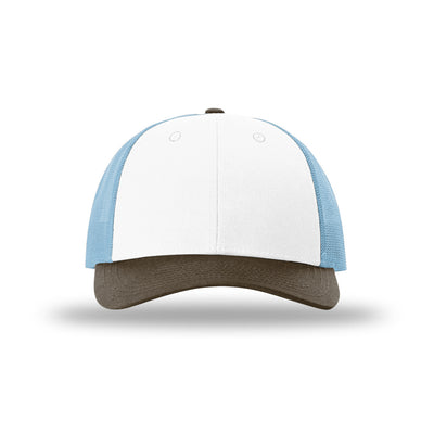 Richardson 115 Low Pro Trucker hat, White/Columbia Blue/Brown, front view