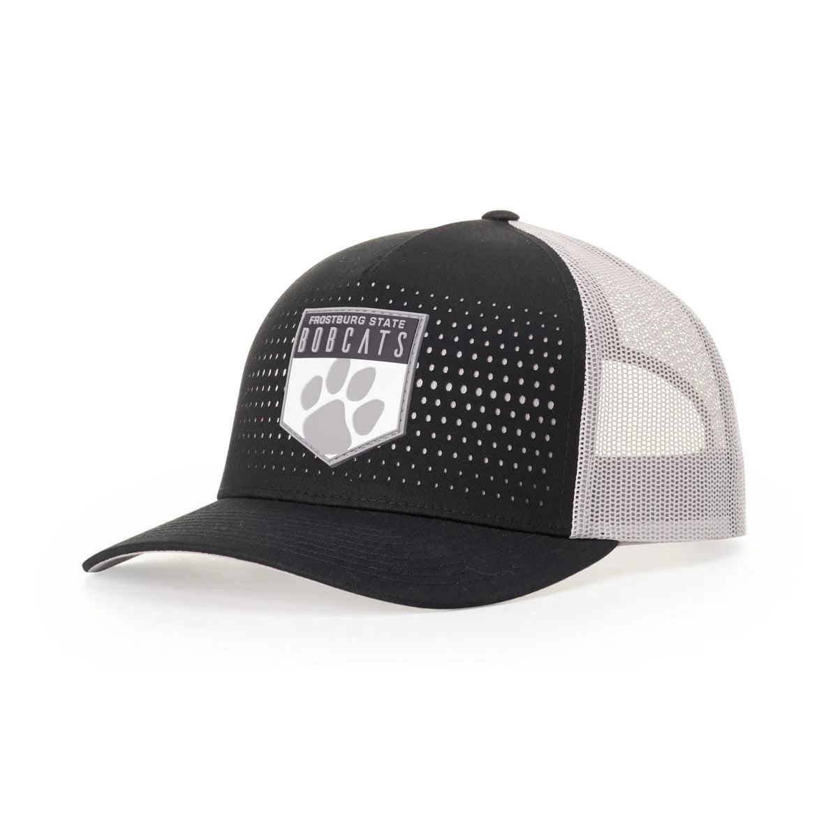 Richardson 163 laser cut five panel trucker hat in black, charcoal and orange