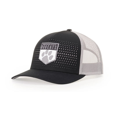 Richardson 163 laser cut five panel trucker hat in black, charcoal and orange