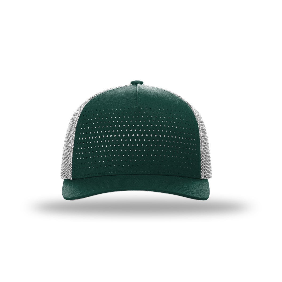 Richardson 163 laser cut five panel trucker hat in dark green and light grey, front view