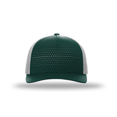 Richardson 163 laser cut five panel trucker hat in dark green and light grey, front view