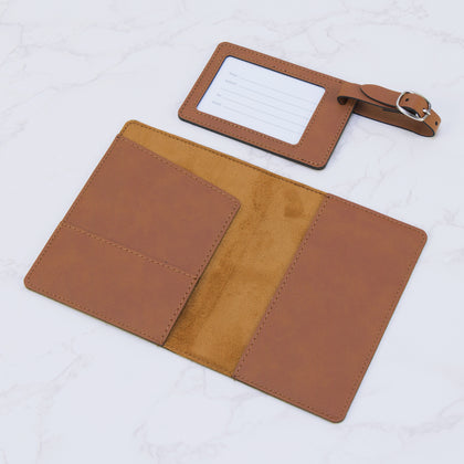 Tan leatherette passport holder and luggage tag