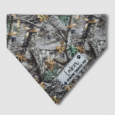 Camouflage-patterned bandana with a brand label on a white background