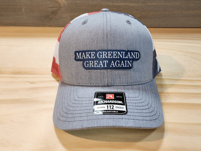 Conservative and patriotic hats, including American flag and MAGA designs