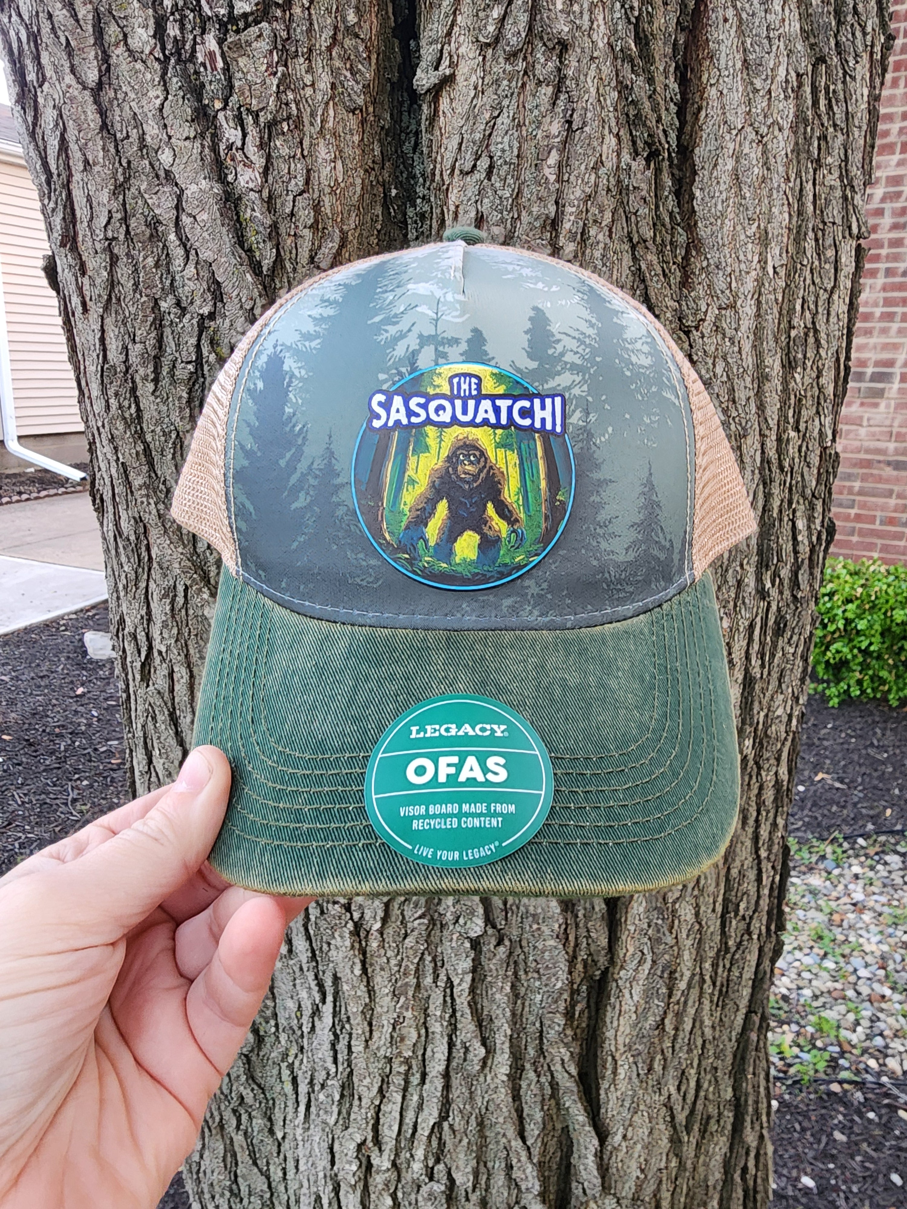 Bigfoot Sasquatch Hat | Pacific Northwest Hiking | Deep Forest Legacy Trucker Cap | Custom UV Printed Leather Patch