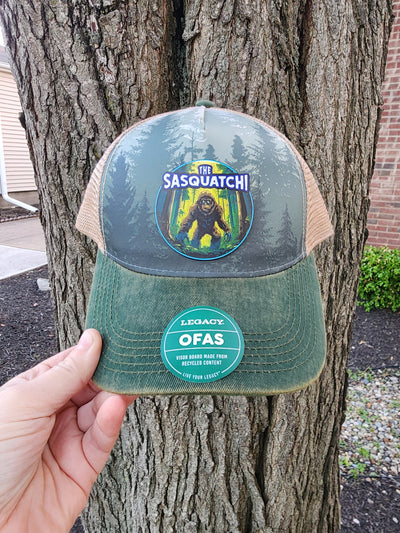 Bigfoot Sasquatch Hat | Pacific Northwest Hiking | Deep Forest Legacy Trucker Cap | Custom UV Printed Leather Patch