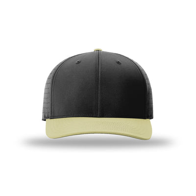 Richardson 632 Laser Perf R-Flex hat, Black/Vegas Gold, front view