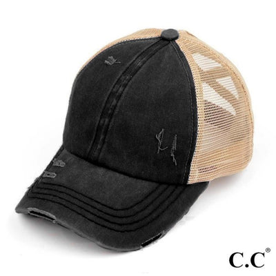 Distressed Criss-Cross Pony Hat with Engraved Leather Patch - C.C.