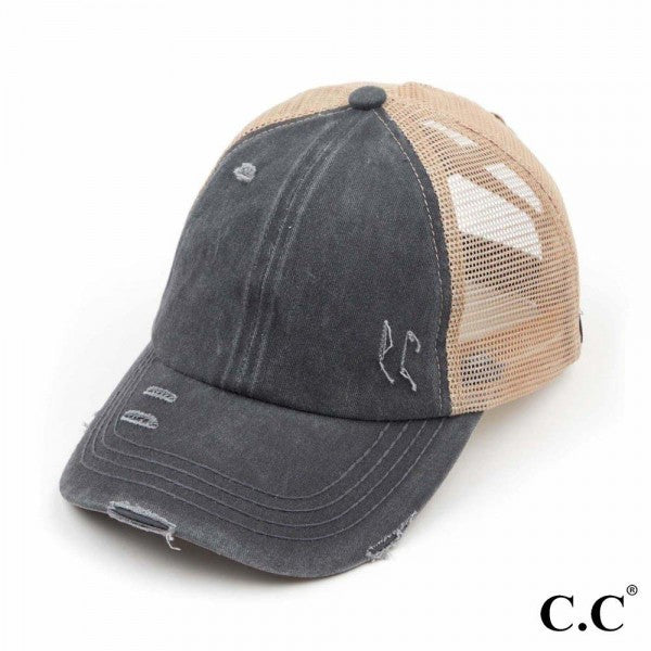 Distressed Criss-Cross Pony Hat with Engraved Leather Patch - C.C.