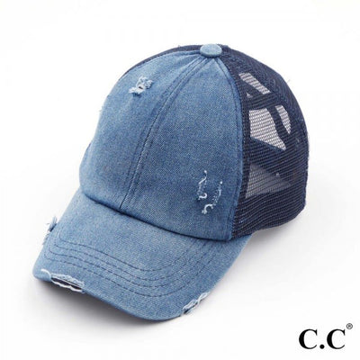 Distressed Criss-Cross Pony Hat with Engraved Leather Patch - C.C.