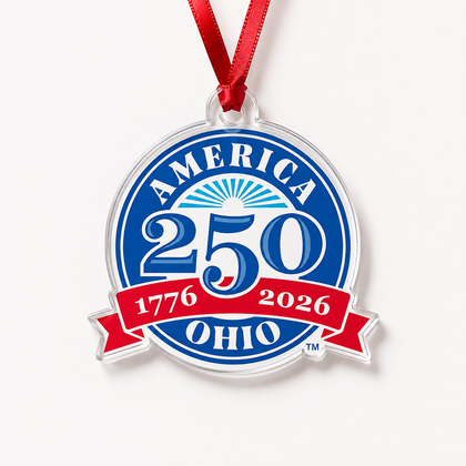 Officially licensed America 250-Ohio Christmas ornament — clear acrylic cut to the shape of the 1776–2026 design, with a red ribbon for hanging