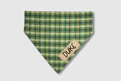 Green plaid bandana with a patch labeled 'DUKE' on a white background