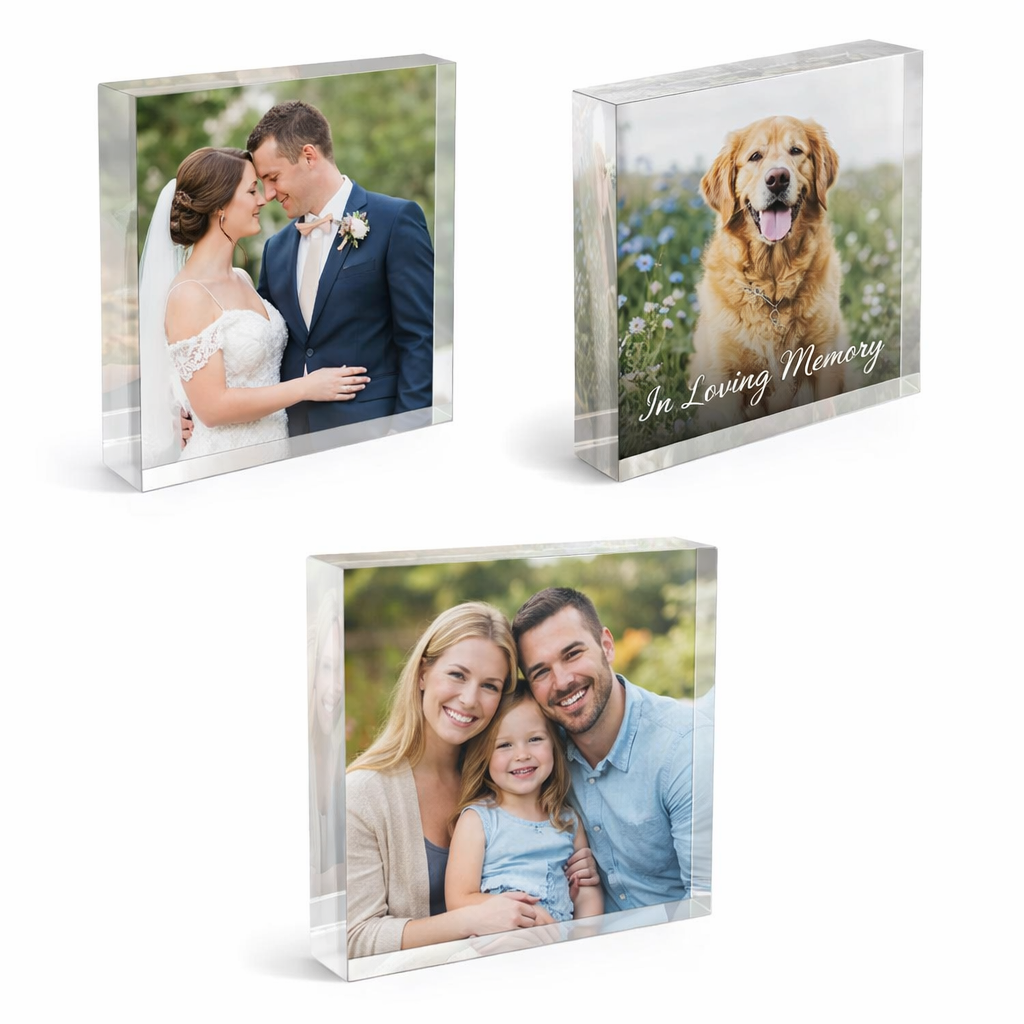 Three acrylic photo blocks displaying different images: a couple, a dog, and a family.