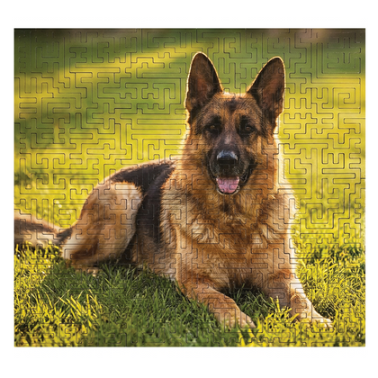 Acrylic fractal puzzle printed with a German Shepherd lying in the grass