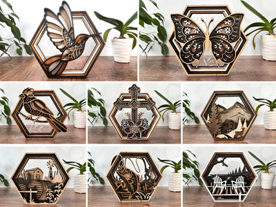 Hexagon Shadow Box - Hummingbird, Butterfly, Cardinal, Cross, Barn, Lake, Fish, Mountain