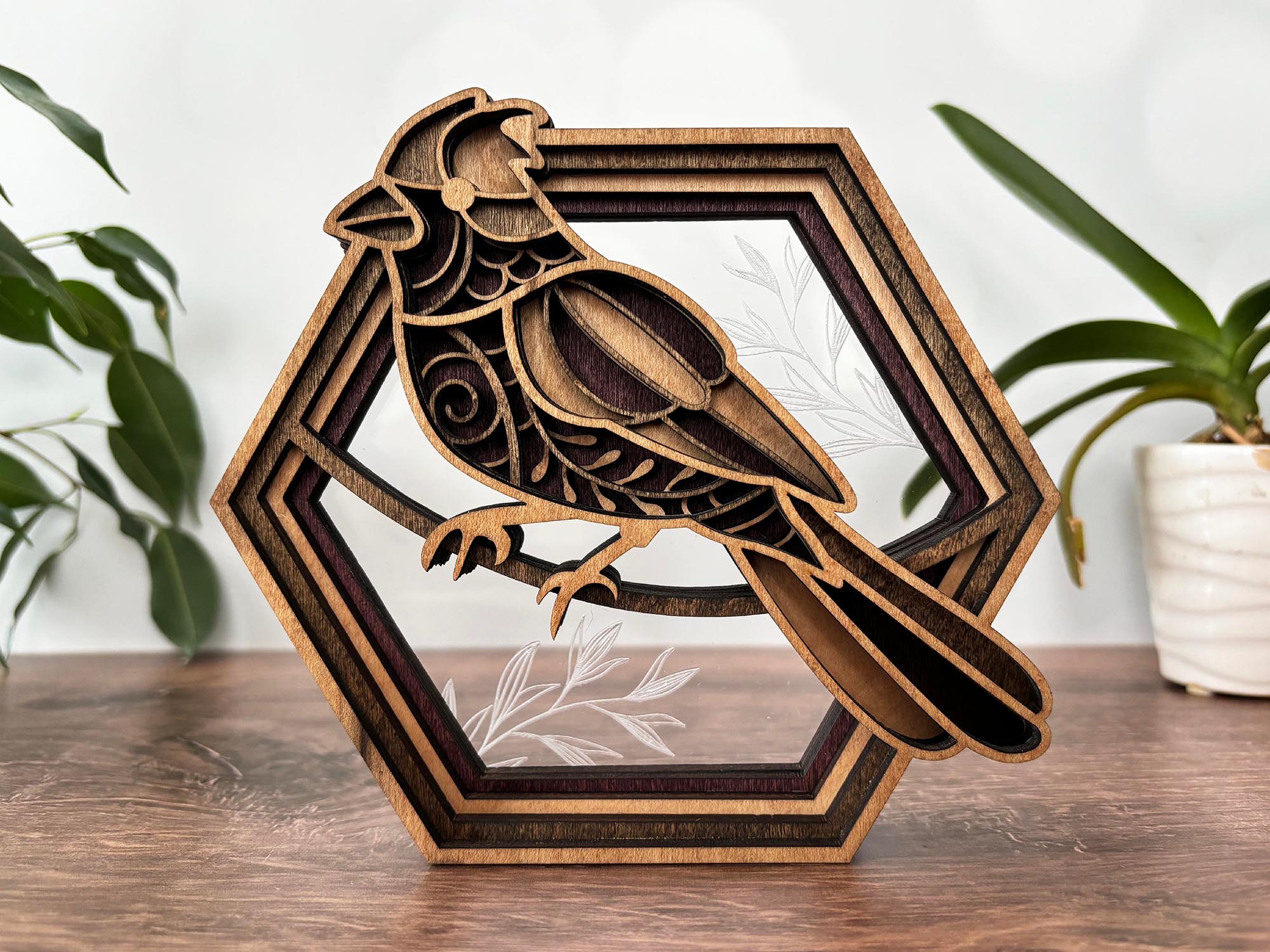 Hexagon Shadow Box - Hummingbird, Butterfly, Cardinal, Cross, Barn, Lake, Fish, Mountain