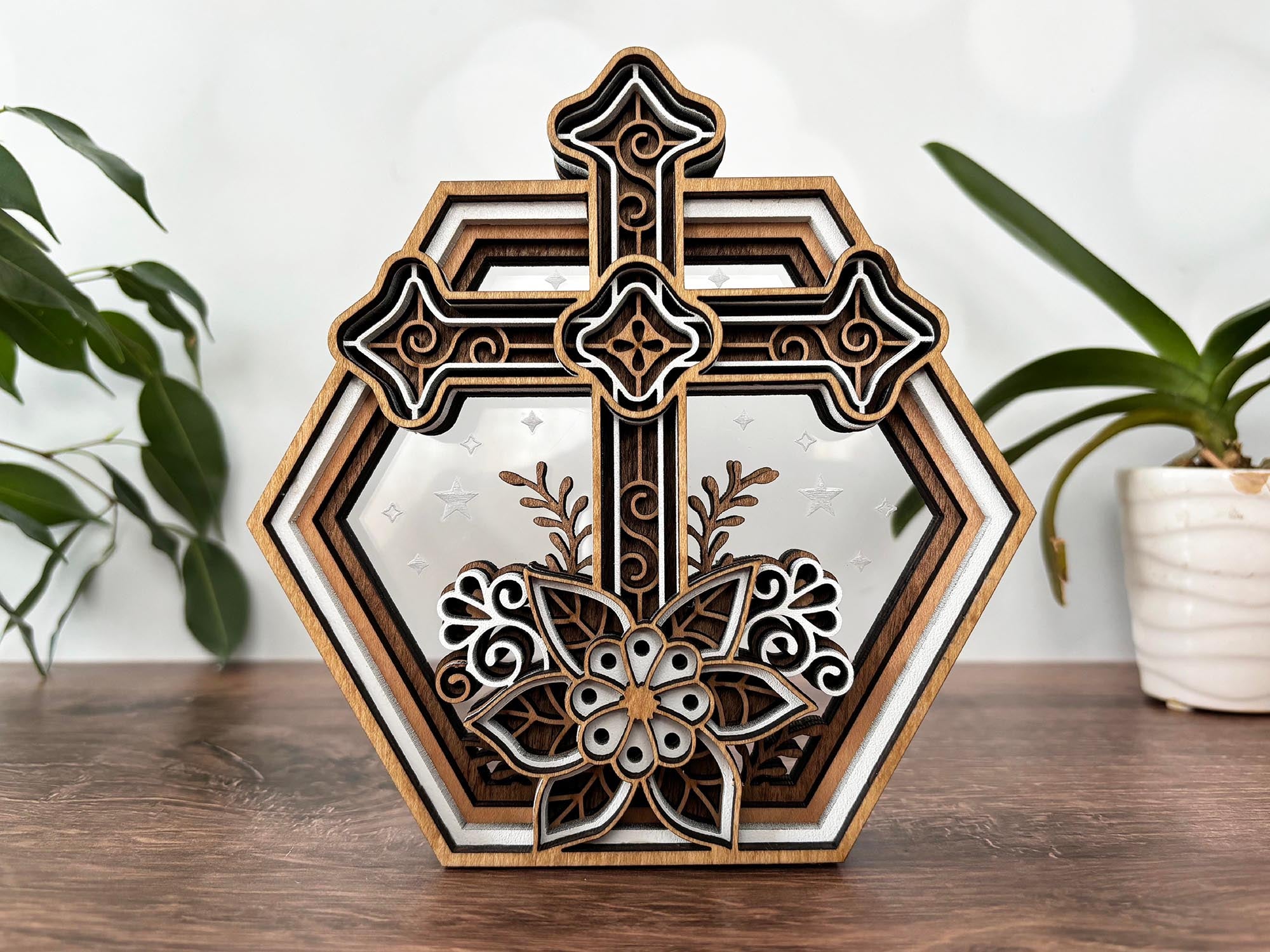 Hexagon Shadow Box - Hummingbird, Butterfly, Cardinal, Cross, Barn, Lake, Fish, Mountain