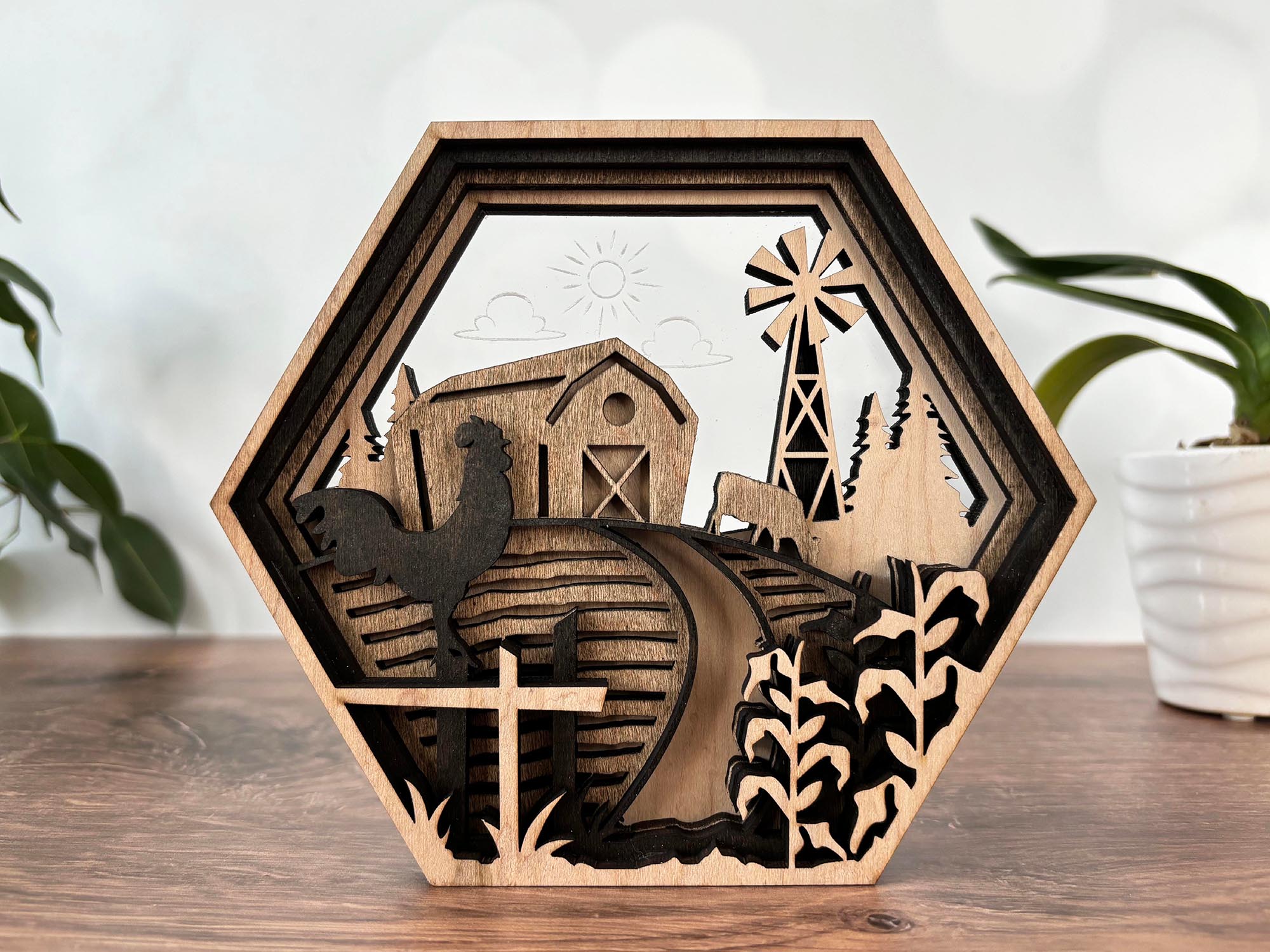 Hexagon Shadow Box - Hummingbird, Butterfly, Cardinal, Cross, Barn, Lake, Fish, Mountain