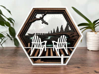 Hexagon Shadow Box - Hummingbird, Butterfly, Cardinal, Cross, Barn, Lake, Fish, Mountain