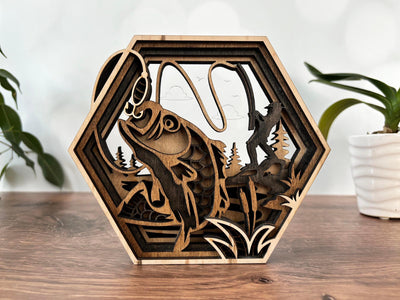 Hexagon Shadow Box - Hummingbird, Butterfly, Cardinal, Cross, Barn, Lake, Fish, Mountain