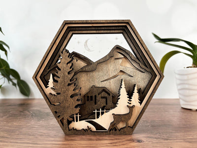 Hexagon Shadow Box - Hummingbird, Butterfly, Cardinal, Cross, Barn, Lake, Fish, Mountain