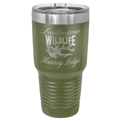 Olive green 30 oz insulated tumbler engraved Leatherstone Wildlife Hunting Lodge with an elk