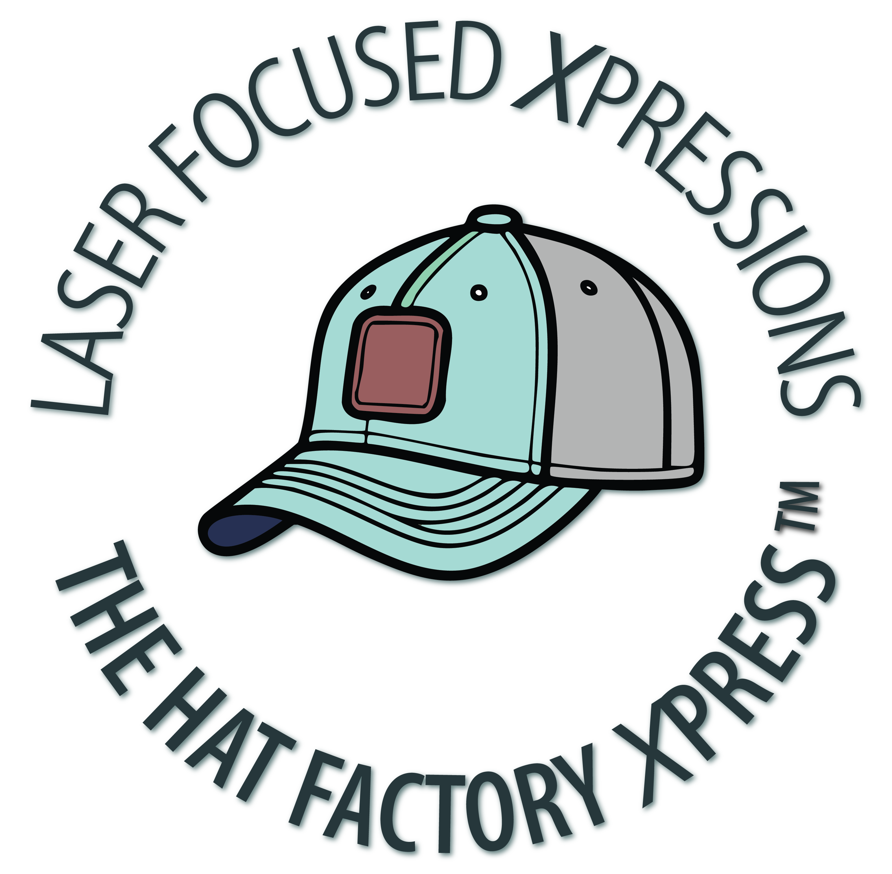 Logo of Laser Focused Xpressions with a cap design and text around it.