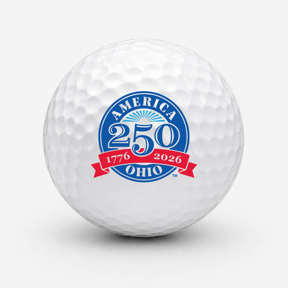 Golf ball printed with the America 250-Ohio logo