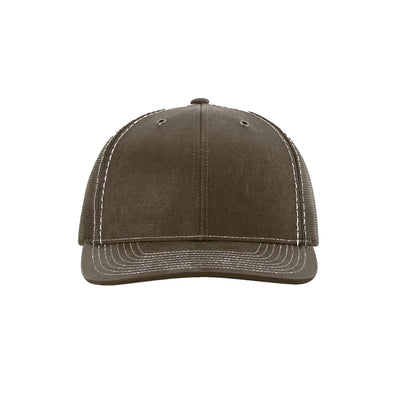 Richardson 112WF Fremont trucker hat in brown, coated twill front with mesh back, front view