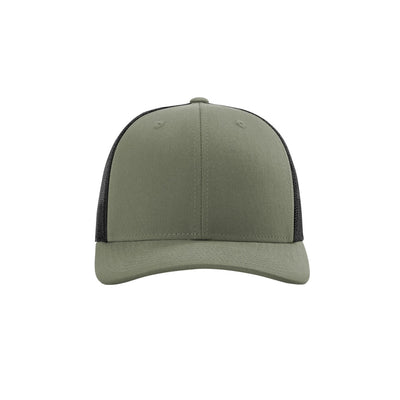 Richardson 112Y youth trucker hat in loden green with black mesh, front view