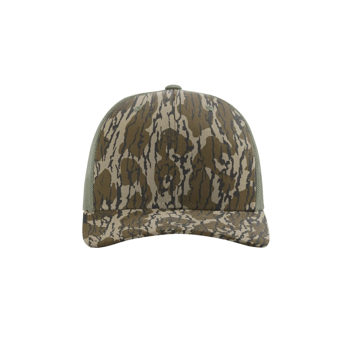 Richardson 112Y youth trucker hat in Mossy Oak Bottomland camo with loden visor, front view