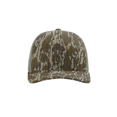 Richardson 112Y youth trucker hat in Mossy Oak Bottomland camo with loden visor, front view