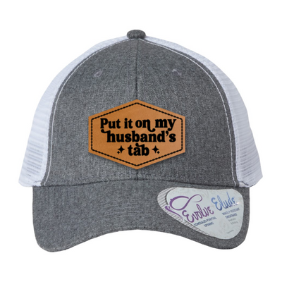 Put It On My Husband’s Tab Hat | Funny Women’s Leopard Print Patch Hat | Leatherette Patch Baseball Cap