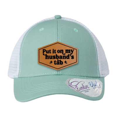 Put It On My Husband’s Tab Hat | Funny Women’s Leopard Print Patch Hat | Leatherette Patch Baseball Cap